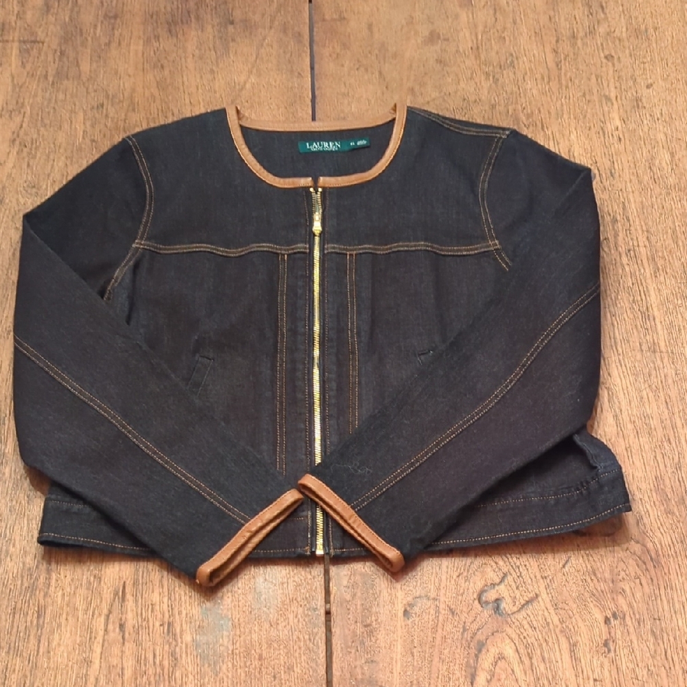Ralph Lauren Dark Blue Denim Jean Jacket with Brown Trim